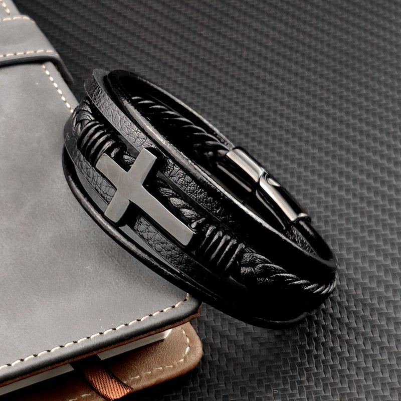 Unleash Your Bold Side with the Cross Charm Leather Beaded Bracelet for Men!